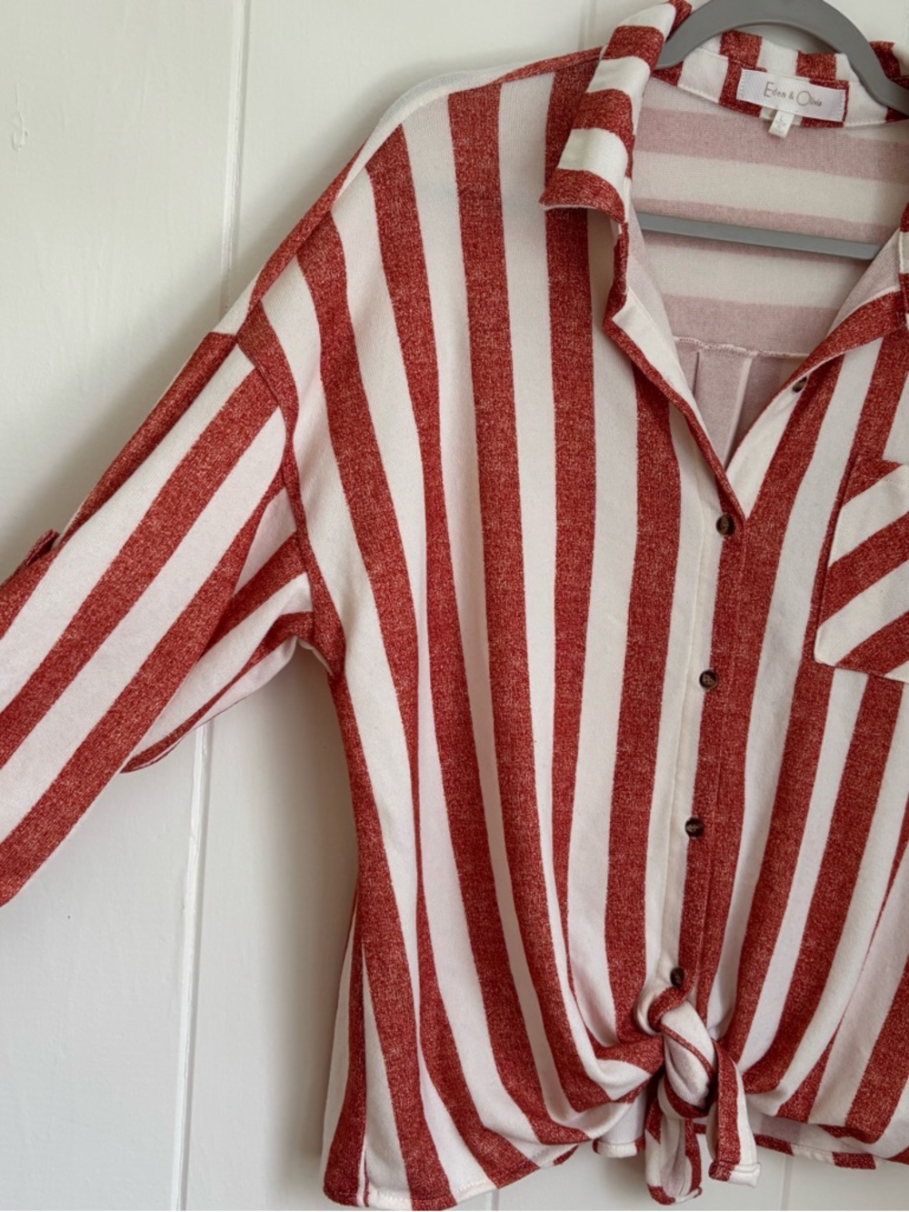 Eden & Olivia Red and White Striped Tie-Front Button-Down Shirt - Picture 4 of 7